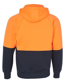 A two-tone fleecy hoodie featuring bright orange on the hood and top, and navy blue on the lower section.It includes a logo.