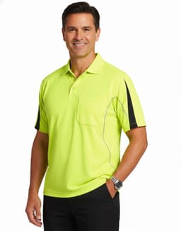 A bright yellow short-sleeve polo shirt with black accents and a pocket, featuring a logo.
