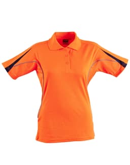 A women's short-sleeve polo shirt in bright orange with contrasting black details and a logo.