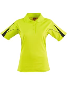 A ladies' short-sleeve polo shirt in fluorescent yellow with black accents and a logo.