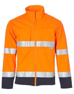 A bright orange two-tone safety jacket featuring reflective strips, with a zip front and a collar. It has a logo.