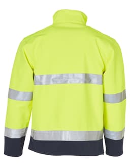 A high-visibility two-tone safety jacket in bright yellow with reflective silver strips and a dark navy base.