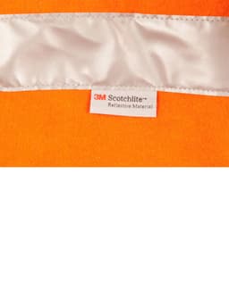 A vibrant orange safety jacket featuring reflective material and a tag indicating Scotchlite brand.