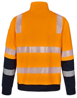 An orange and navy work jumper featuring reflective stripes and a collar, designed for safety.