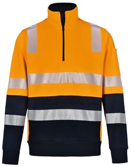 A high-visibility jumper in orange and navy with reflective stripes and a quarter zip. It features a logo on the sleeve.