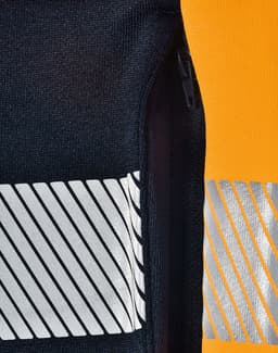 A black and orange work jumper featuring reflective stripes and a zippered section. It has a branding logo.