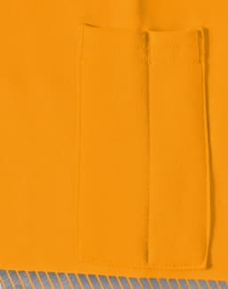 An orange work jumper featuring a front pocket, designed for safety and visibility.