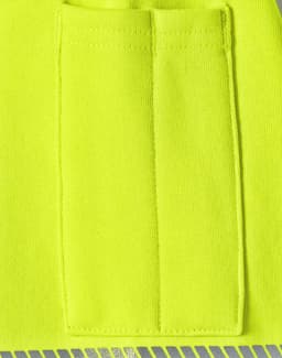 A bright fluorescent yellow jumper featuring two pockets on the front. The fabric appears durable and suitable for workwear.