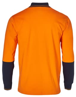 A long-sleeved safety polo in orange with navy blue sleeves, featuring a collar and a logo on the chest.