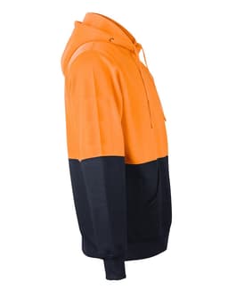 A hi-vis two-tone hoodie featuring an orange upper and navy lower section, with a kangaroo pocket and a hood.