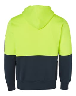 A Hi-Vis two-tone hoodie in fluorescent yellow and navy, featuring a hood and kangaroo pocket, with a logo on the sleeve.