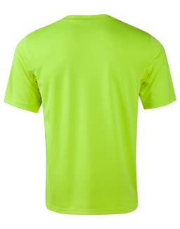 A fluorescent yellow safety tee with a simple design and a logo, featuring a back view.
