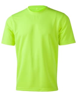 A bright hi-vis safety tee in neon yellow, featuring a standard crew neck and short sleeves. It has a logo on it.