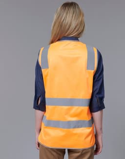 A safety vest in bright orange with reflective grey stripes, featuring a plain back and a casual fit.