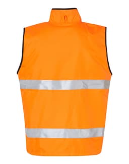 A safety vest in bright orange with reflective silver strips, featuring a reversible mandarine collar and branding.