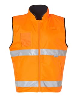 Hi-Vis reversible safety vest in orange with reflective 3M tape and a zip front, featuring a pocket and a logo.