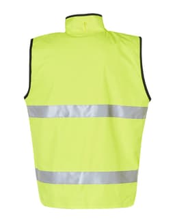 A Hi-Vis yellow reversible safety vest featuring 3M reflective tape, designed for safety wear.