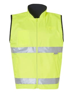 A fluorescent yellow reversible safety vest with a mandarine collar and reflective 3M tape detailing, featuring a pocket.