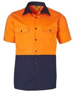 A short-sleeved cotton work shirt featuring a bright orange top half and a navy blue bottom half, with two chest pockets and a logo.