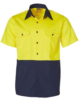 A short-sleeved cotton work shirt featuring a high-visibility yellow and navy two-tone design, with pockets and a branded label.