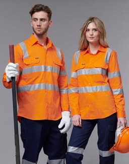 Two models wear orange safety shirts with silver reflective stripes, standing against a neutral background.