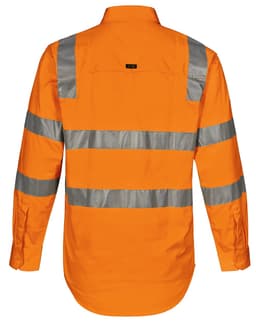 An orange safety shirt with reflective strips across the back. Features long sleeves and a collar. Includes a logo.