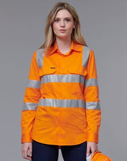 A high-visibility orange work shirt with reflective stripes, featuring a collar and buttons, and a logo.