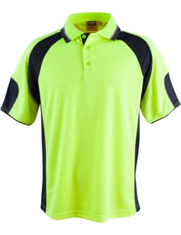A bright yellow and dark navy polo shirt featuring contrast sleeve panels and a collar. Includes a logo.