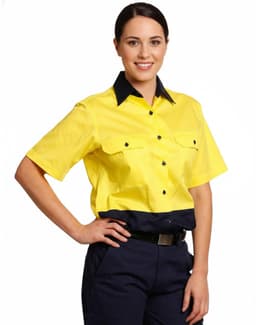 A women's short-sleeved safety shirt in bright yellow and navy blue, featuring a collar and small pockets.