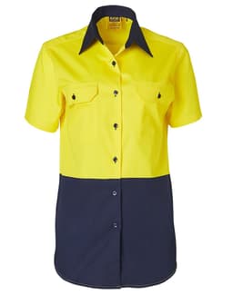 A short-sleeved safety shirt in high visibility yellow with a navy blue lower section and two front pockets.