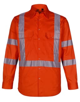 An orange work shirt featuring reflective strips and two front pockets. It has a collar and long sleeves.