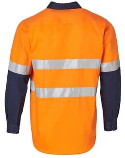 A long-sleeved safety shirt in bright orange with dark blue sleeves and reflective tape. It has a logo on the back.
