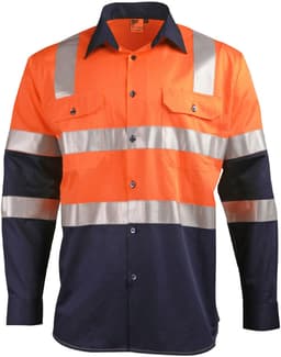 A two-tone safety shirt in orange and navy, featuring reflective tape and two front pockets. Includes a logo.
