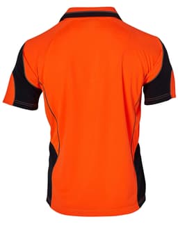 A Hi-Vis safety polo shirt in orange with black accents and a logo on the back. Designed for workwear use.