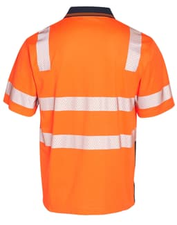 A safety polo shirt in bright orange with reflective striped detailing on the back and a logo.
