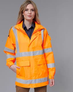 A high-visibility orange jacket with reflective stripes, featuring multiple pockets and a zippered front.