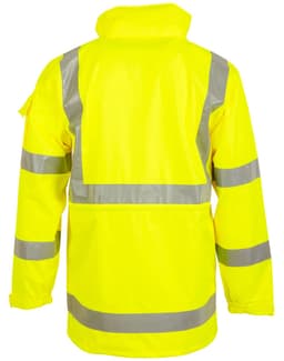 A high-visibility yellow rail safety jacket featuring reflective stripes and a collar. It has a logo on the sleeve.