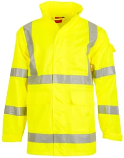 A high-visibility yellow safety jacket featuring reflective stripes and multiple pockets. It includes a logo.