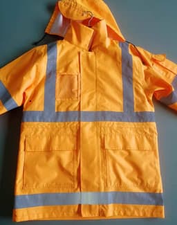 A high-visibility yellow safety jacket featuring reflective strips and a hood, with multiple pockets.