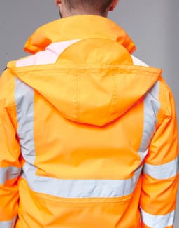 A bright orange safety jacket with reflective stripes and a hood, featuring a logo on the back.