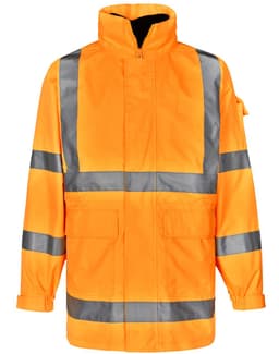 A bright orange safety jacket with reflective stripes and multiple pockets, featuring a high collar and a logo.