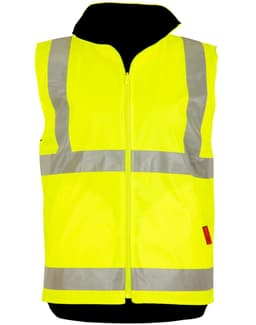 A high-visibility yellow reversible safety vest featuring reflective strips and a zip closure, with a logo on it.