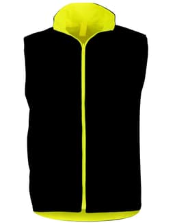 A reversible safety vest featuring a black exterior and high-visibility yellow interior, with a zip front and collar.