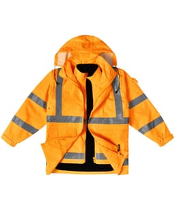 An orange safety jacket with reflective strips, featuring a hood and multiple pockets. It has a branding logo.