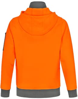 A bright orange hoodie with a grey underside, featuring a hood and side pockets. It has a logo on one sleeve.