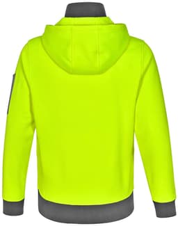 A bright yellow two-tone hoodie with a grey bottom and a hood, featuring a logo on the sleeve.