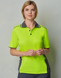 A hi-vis yellow polo shirt with grey accents and a pocket on the front, featuring a logo.