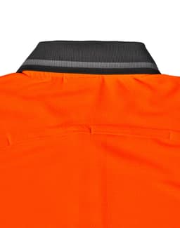 A close-up of the back collar of an orange polo shirt, featuring a grey striped detailing and a logo.