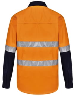 A bright orange long-sleeve safety shirt with navy blue sleeves and reflective tape across the front and back.