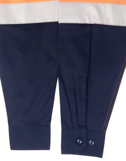 A long-sleeved safety shirt in high-visibility orange and navy blue, featuring a reflective strip and button cuffs.